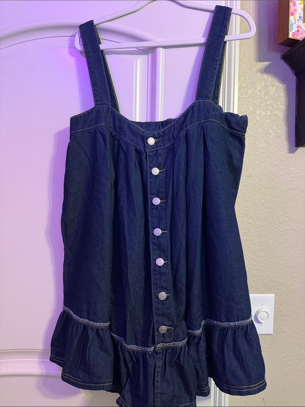 SHEIN Dark Blue Denim Button-Front Ruffle Hem Dress